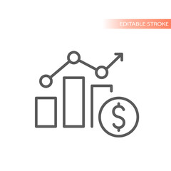 Data bar chart with dollar line vector icon. Money, financial report, success outlined symbol.
