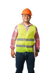 Portrait of a handsome chief engineer wearing a hard hat. Wearing a reflective tiger . isolated on a white background clipping path.