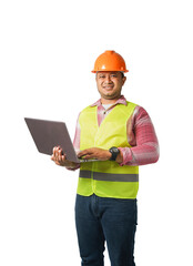 Portrait of a handsome chief engineer wearing a hard hat. Wearing a reflective tiger holding a laptop. isolated on a white background clipping path.copy space.