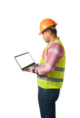 Portrait of a handsome chief engineer wearing a hard hat. Wearing a reflective tiger holding a laptop. isolated on a white background clipping path.copy space.