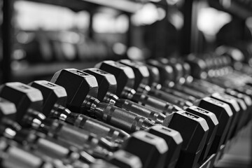 Naklejka na ściany i meble Close-up dumbbells in the gym lie in a row. Fitness . High quality photo