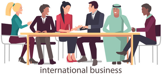 Businessman and businesswoman discussing poject development planning strategy. International partnership in business. Successful negotiations, agreement cartoon illustration. Business partners meeting