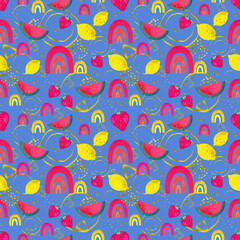 Fruit cocktail seamless pattern with watermelon, strawberry, lemon, rainbow and gold texture.