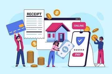 People pay bills mobile banking. Billing fees payment, online technologies, personal bank account, electronic wallet app, man hold card, woman with cash, vector cartoon flat concept