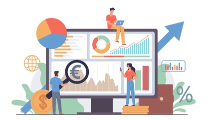 People with magnifying glass. Business persons group in work process, man holds big loupe, graphs on monitor, exchange rates, search and analysis information vector cartoon flat concept