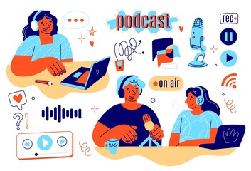 Podcast recording icons and people. Radio program participants in studio, audio show making, persons with headphone and microphone, online entertainment vector cartoon flat isolated set