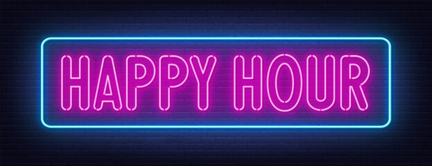 Happy hour neon sign on dark background.