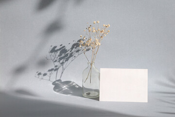 Blank greeting card next to dried Baby breath flowers in a vase with shadow. Minimalist mock-up template for weddings and events.