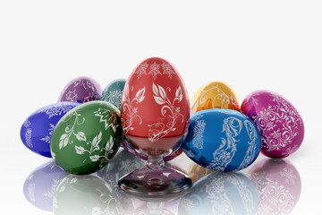 Illustrazione 3D.  Pasqua, Uova decorate per festività primavera. Gruppo uovo colorato. Primavera, Aprile, colore decorazione uovo. .