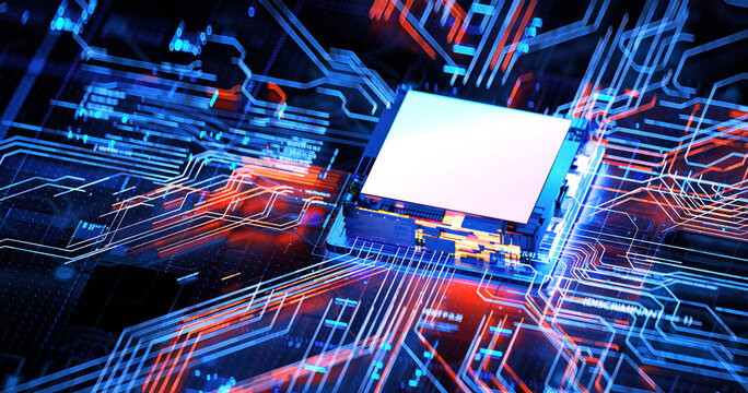 3D illustration cyberpunk AI skyscraper Circuit board. Technology background. Central Computer Processors CPU and GPU conception.
