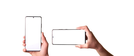 Smartphone similar to Galaxy with blank white screen for Infographic Global Business Marketing Plan, mockup model similar to Galaxy isolated Background of digital investment economy - Clipping Path