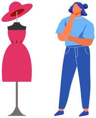 Woman stands with mannequin in ready-made dress. Fashion designer, dressmaker, sewing specialist during work. Lady looks at outfit, clothes on mannequin. Haute couture dress design vector illustration