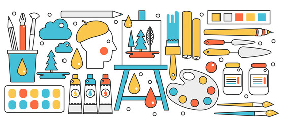 Creative art studio or school, craft hobby. Artist with materials and linear stuff tools for painting, stationery easel and brush, palette in infographic education concept banner, thin line art design