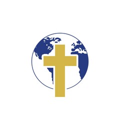 Christian cross symbol and globe icon isolated on white background