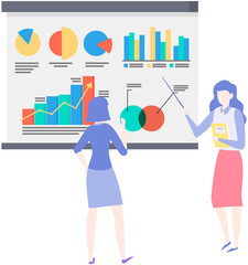 Women analysing diagrams, brainstorming. Marketing research results presentation. Colleagues discuss statistical indicators, business statistics. Female employees work with financial data analysis