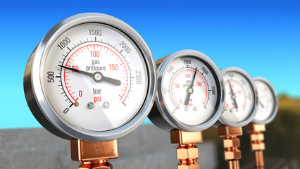 Row of high pressure gas gauge meters. Oil and gas fuel manometers. 3d rendering