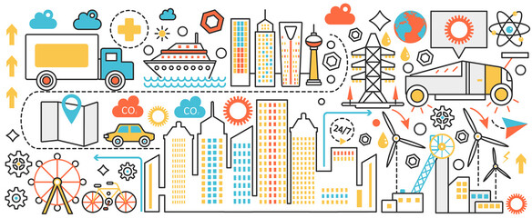 Fototapeta na wymiar Modern city with future technology. Creative cityscape with silhouettes of skyscrapers and buildings, eco home and cars, urban skyline with windmill in infographic concept banner, thin line art design