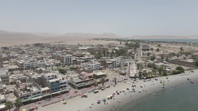 Flyover of small coastal desert town of Paracas on Peru's mid-coast