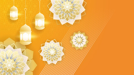 beautiful realistic mandala with hanging lantern Orange colorful Islamic design background