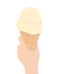 Hand holding big ice cream cone isolated on white color background. Vector illustration for postcard, advertising, poster, design, decor, menu.