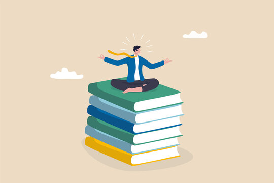 Best book to help entrepreneur success in business, knowledge or skill to succeed and overcome obstacle concept, smart success businessman meditating and learn new skill on stack of business books.
