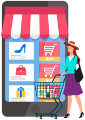 Retail food, shop to online, delivery. Smartphone application for shopping goods. Woman with shopping cart makes purchases via phone online, choosing product. E-commerce on mobile phone concept