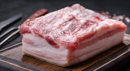 Close-up fat Salted lard homemade lard on a wooden board