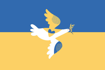 Pray for peace Ukraine. Stop War in Ukraine. Flying white dove of peace on the background of yellow and blue flag. Bird with olive branch. Conceptual vector flat illustration, banner, poster.