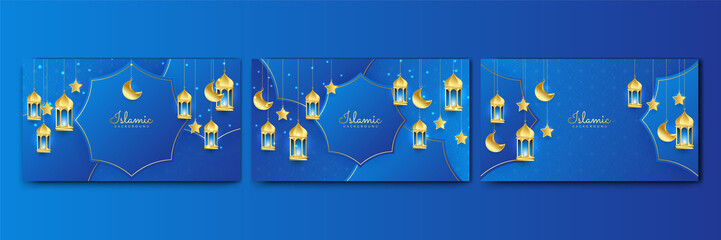 Set of beautiful realistic blue Islamic ramadan kareem design background with mandala pattern, hanging lantern, moon, and star.