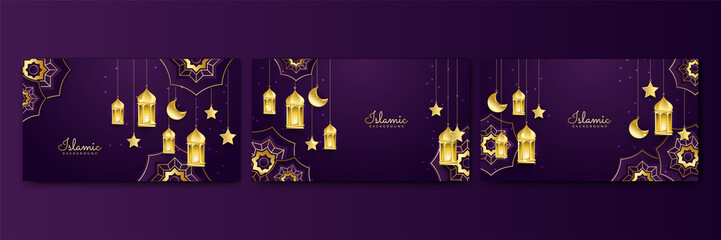 Set of beautiful realistic purple Islamic ramadan kareem design background with mandala pattern, hanging lantern, moon, and star.
