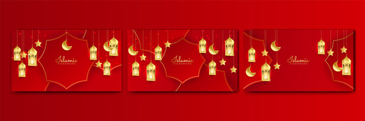 Set of Ramadan Kareem background. Red gold moon and abstract luxury islamic elements background