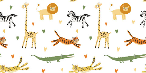Cute African animals. Seamless pattern with giraffe, leopard, lion, tiger, crocodile, zebra. Children's wallpaper in Scandinavian style. Cartoon background for children clothing, wallpaper, kids room
