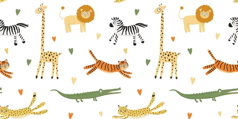 Tapeten Cute African animals. Seamless pattern with giraffe, leopard, lion, tiger, crocodile, zebra. Children's wallpaper in Scandinavian style. Cartoon background for children clothing, wallpaper, kids room © Polina