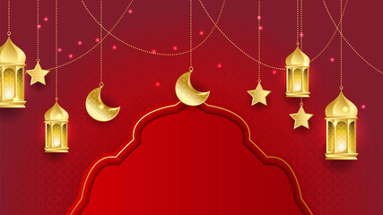 Ramadan Kareem background. Red gold moon and abstract luxury islamic elements background