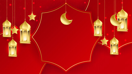 Ramadan Kareem background. Red gold moon and abstract luxury islamic elements background