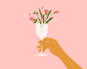 Human hand holding champagne or wine glass with blooming flower, leaves. Rose or pion in drink. Hello spring abstract illustration. Cocktail, fresh beverage, juice, summer party, vector floral poster - obrazy, fototapety, plakaty