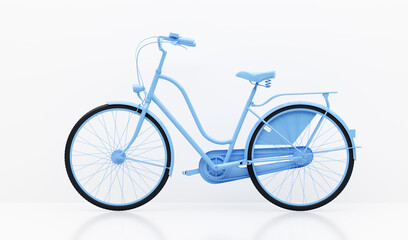 Blue bicycle on white wall background