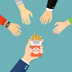 Concept of sanctions. Hands are reaching for cigarette pack with sanctions. Flat design illustration. - obrazy, fototapety, plakaty