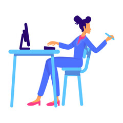 Confident office lady sitting at table semi flat color vector character. Full body person on white. Businesswoman. Modern woman simple cartoon style illustration for web graphic design and animation