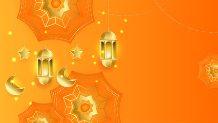 Realistic 3D Ramadan Kareem background. Orange gold moon and abstract luxury islamic elements background