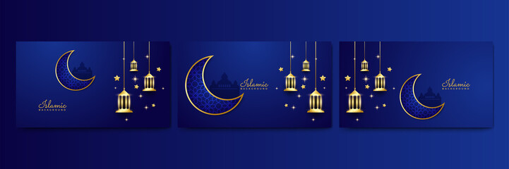 Set of realistic 3D Ramadan Kareem background. Blue gold moon and abstract luxury islamic elements background