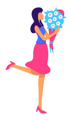 Happy woman with spring floral bouquet semi flat color vector character. Posing figure. Full body person on white. Pretty lady simple cartoon style illustration for web graphic design and animation