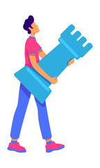 Young man holding rook piece semi flat color vector character. Walking figure. Full body person on white. Playing chess simple cartoon style illustration for web graphic design and animation