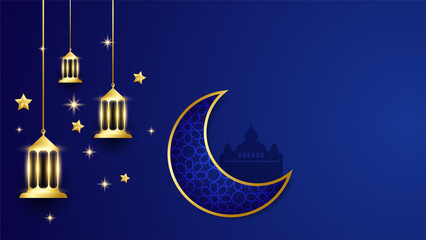 Obraz na płótnie Canvas Beautiful ramadan kareem blue and gold banner design. Realistic 3D Ramadan Kareem background. Blue gold moon and abstract luxury islamic elements background