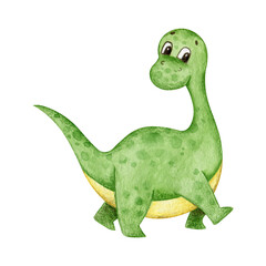 Fototapeta premium Cute animal baby dinosaur. Watercolor clipart element isolated on white background. Illustartion for kids party, birthday, child room