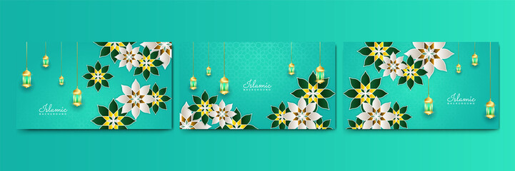 Set of realistic 3D Ramadan Kareem background. Dark green gold moon and abstract luxury islamic elements background