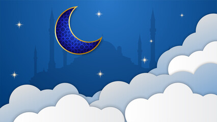 Fototapeta na wymiar Beautiful ramadan kareem blue and gold banner design. Realistic 3D Ramadan Kareem background. Blue gold moon and abstract luxury islamic elements background