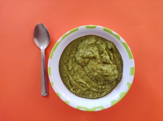 bowl of puree with green vegetables for baby