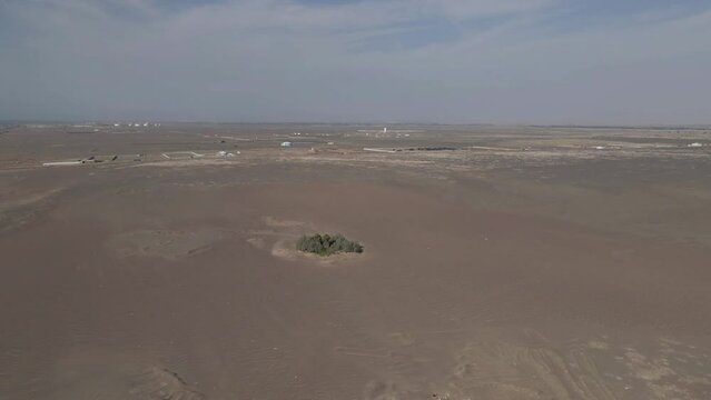 Aerial: Tiny oasis of trees in endless expanse of chala desert in Peru
