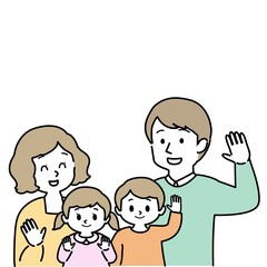 イラスト素材：こちらに手を振る男女の子供を育てる幸せな若い夫婦 　4人家族（主線あり）

